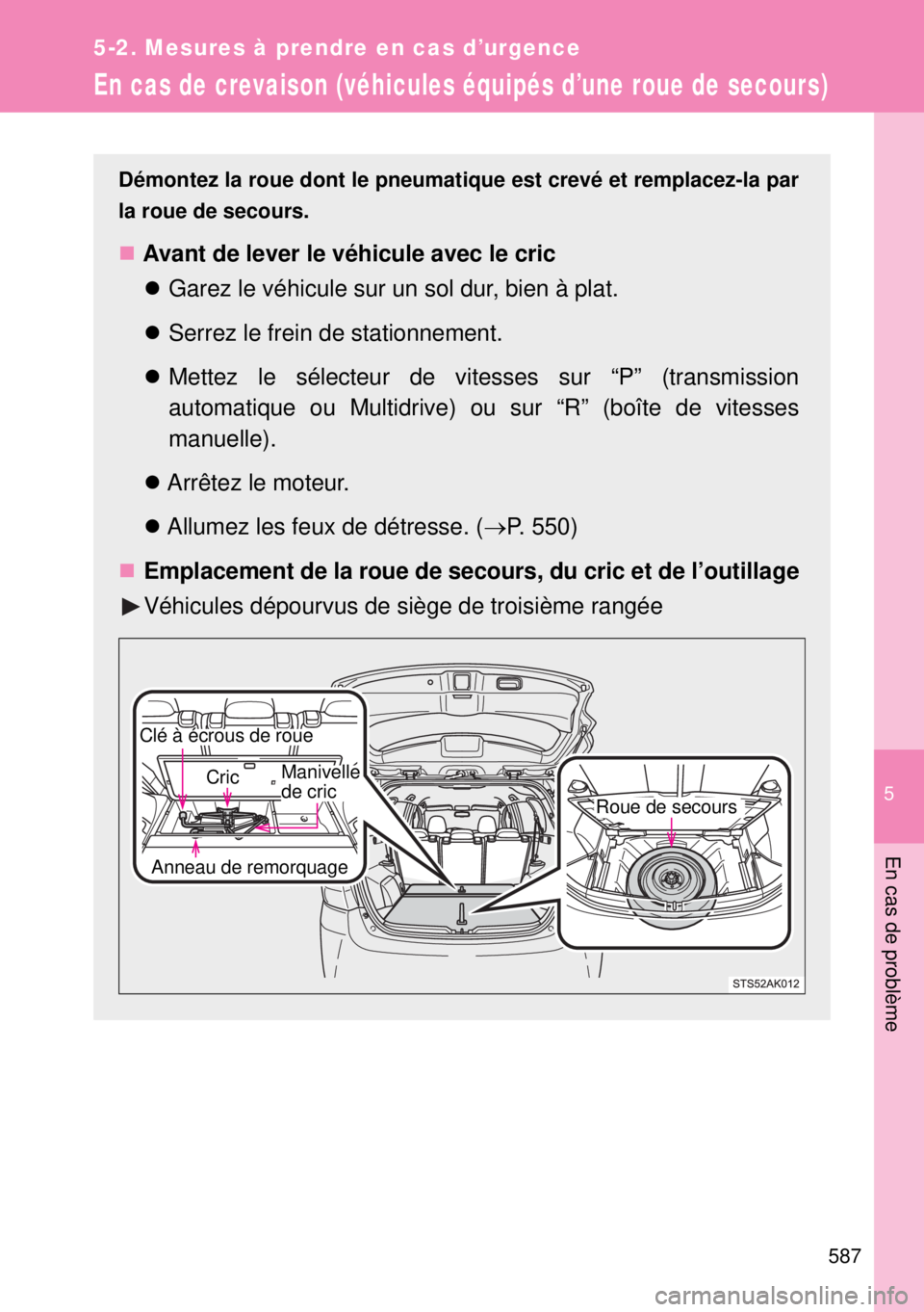 TOYOTA VERSO 2015  Notices Demploi (in French) 5
587
5-2. Mesures à prendre en cas d’urgence
En cas de problème
En cas de crevaison (véhicules équipés d’une roue de secours)
Démontez la roue dont le pneumatique est crevé et remplacez-la