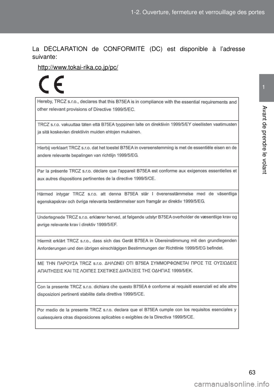TOYOTA VERSO 2015  Notices Demploi (in French) 63 1-2. Ouverture, fermeture et verrouillage des portes
1
Avant de prendre le volant
La DÉCLARATION de CONFORMITÉ (DC) est disponible à l’adresse
suivante:
http://www.tokai-rika.co.jp/pc/ 