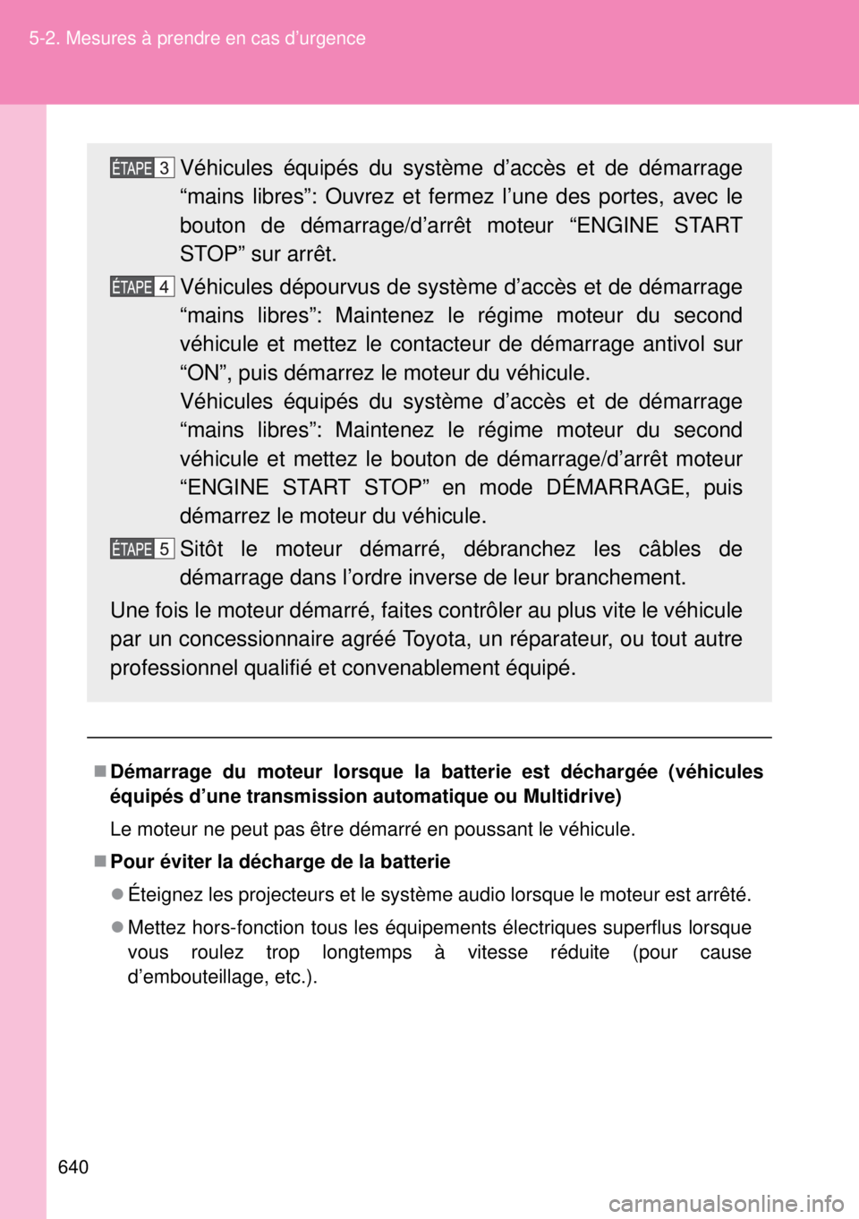 TOYOTA VERSO 2015 Notices Demploi (in French) 640 5-2. Mesures à prendre en cas d’urgence
Démarrage du moteur lorsque la batterie est déchargée (véhicules
équipés d’une transmission automatique ou Multidrive)
Le moteur ne peut pas TOYOTA VERSO 2015 Notices Demploi (in French) 640 5-2. Mesures à prendre en cas d’urgence
Démarrage du moteur lorsque la batterie est déchargée (véhicules
équipés d’une transmission automatique ou Multidrive)
Le moteur ne peut pas