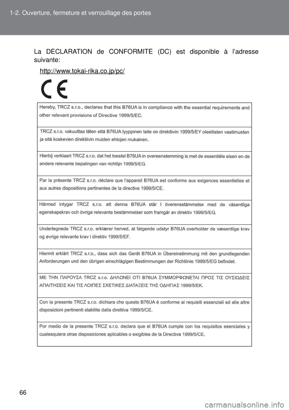 TOYOTA VERSO 2015  Notices Demploi (in French) 66 1-2. Ouverture, fermeture et verrouillage des portes
La DÉCLARATION de CONFORMITÉ (DC) est disponible à l’adresse
suivante:
http://www.tokai-rika.co.jp/pc/ 