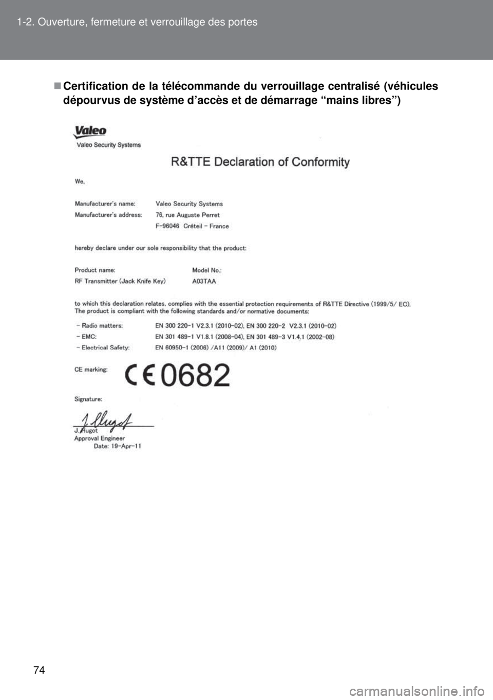 TOYOTA VERSO 2015  Notices Demploi (in French) 74 1-2. Ouverture, fermeture et verrouillage des portes
Certification de la télécommande du verrouillage centralisé (véhicules
dépourvus de système d’accès et de démarrage “mains libres