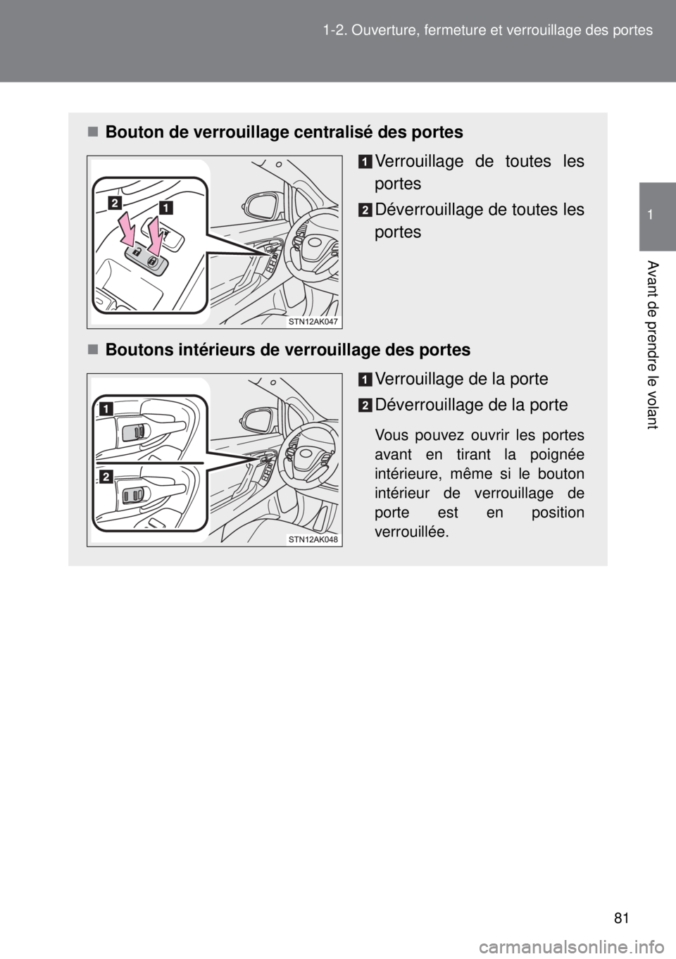 TOYOTA VERSO 2015 Notices Demploi (in French) 81 1-2. Ouverture, fermeture et verrouillage des portes
1
Avant de prendre le volant
Bouton de verrouillage centralisé des portes
Verrouillage de toutes les
portes
Déverrouillage de toutes les
po TOYOTA VERSO 2015 Notices Demploi (in French) 81 1-2. Ouverture, fermeture et verrouillage des portes
1
Avant de prendre le volant
Bouton de verrouillage centralisé des portes
Verrouillage de toutes les
portes
Déverrouillage de toutes les
po