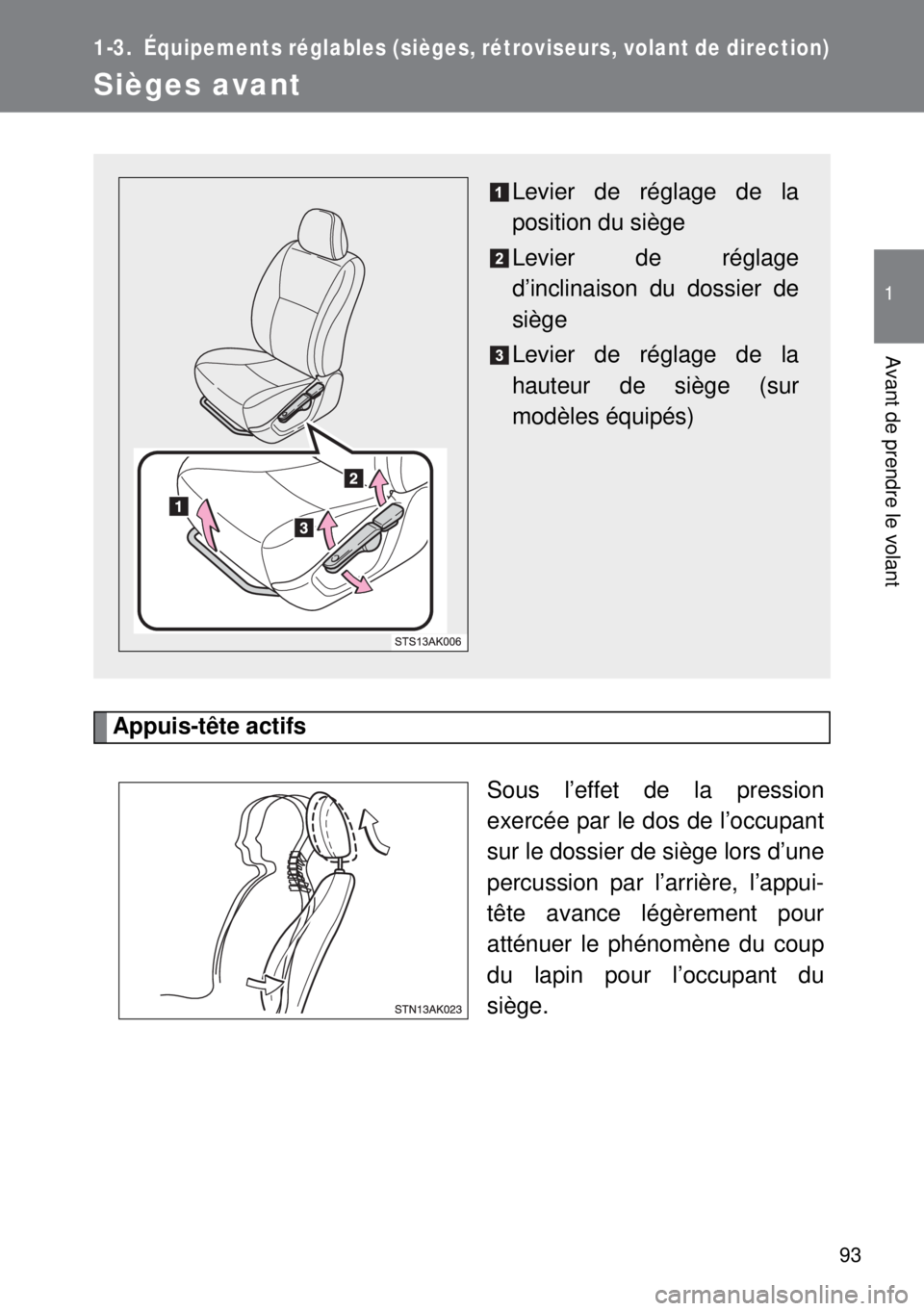 TOYOTA VERSO 2015 Notices Demploi (in French) 93
1
Avant de prendre le volant
1-3. Équipements réglables (sièges, rétroviseurs, volant de direction)
Sièges avant
Appuis-tête actifs
Sous l’effet de la pression
exercée par le dos de l’oc TOYOTA VERSO 2015 Notices Demploi (in French) 93
1
Avant de prendre le volant
1-3. Équipements réglables (sièges, rétroviseurs, volant de direction)
Sièges avant
Appuis-tête actifs
Sous l’effet de la pression
exercée par le dos de l’oc