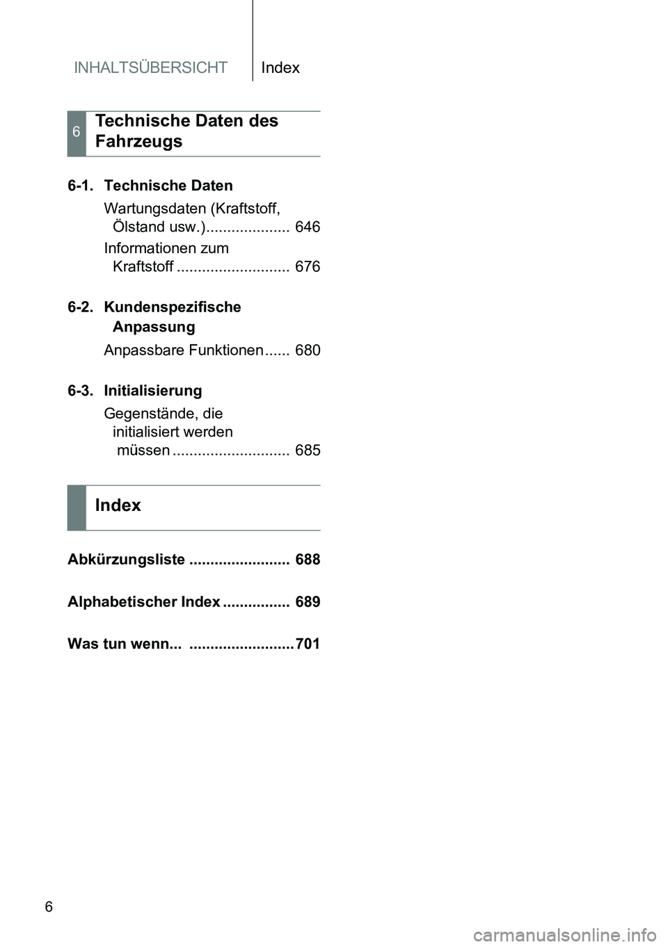 TOYOTA VERSO 2015 Betriebsanleitungen (in German) INHALTSÜBERSICHTIndex
6
6-1. Technische Daten
Wartungsdaten (Kraftstoff,
Ölstand usw.).................... 646
Informationen zum
Kraftstoff ........................... 676
6-2. Kundenspezifische TOYOTA VERSO 2015 Betriebsanleitungen (in German) INHALTSÜBERSICHTIndex
6
6-1. Technische Daten
Wartungsdaten (Kraftstoff,
Ölstand usw.).................... 646
Informationen zum
Kraftstoff ........................... 676
6-2. Kundenspezifische
