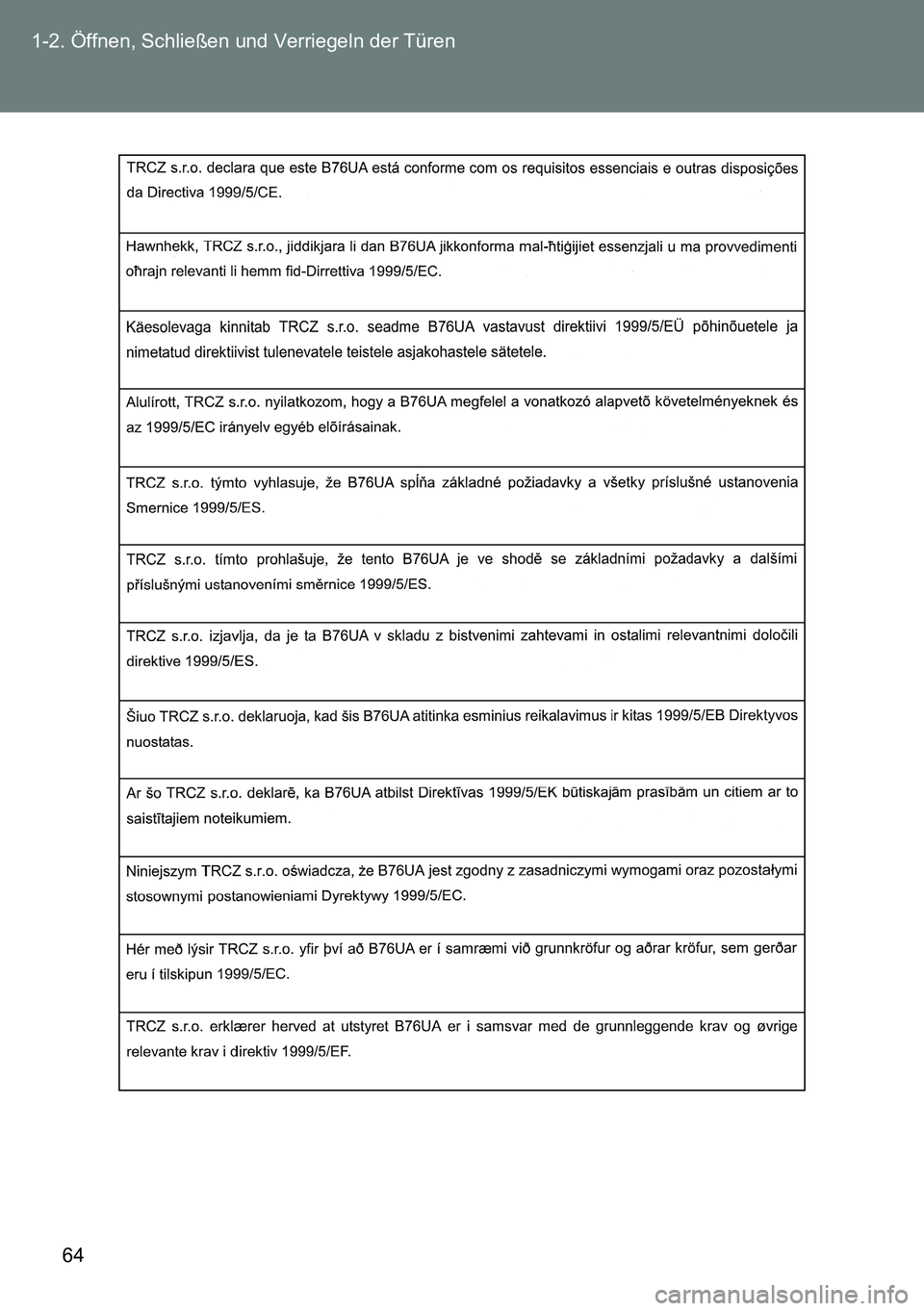 TOYOTA VERSO 2015  Betriebsanleitungen (in German) 64 1-2. Öffnen, Schließen und Verriegeln der Türen 