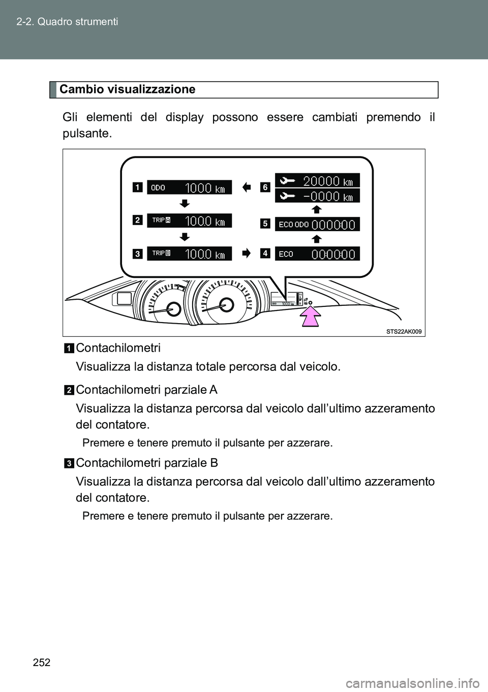 TOYOTA VERSO 2015 Manuale duso (in Italian) 252 2-2. Quadro strumenti
Cambio visualizzazione
Gli elementi del display possono essere cambiati premendo il
pulsante.
Contachilometri
Visualizza la distanza totale percorsa dal veicolo.
Contachilome TOYOTA VERSO 2015 Manuale duso (in Italian) 252 2-2. Quadro strumenti
Cambio visualizzazione
Gli elementi del display possono essere cambiati premendo il
pulsante.
Contachilometri
Visualizza la distanza totale percorsa dal veicolo.
Contachilome