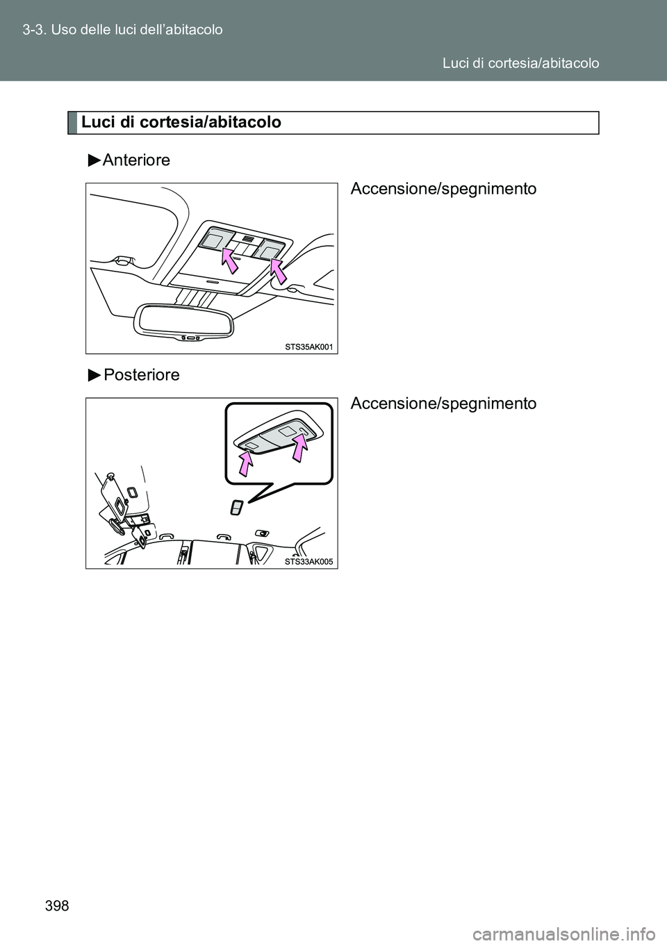TOYOTA VERSO 2015  Manuale duso (in Italian) 398 3-3. Uso delle luci dell’abitacolo
Luci di cortesia/abitacolo
Anteriore
Accensione/spegnimento
Posteriore
Accensione/spegnimento
Luci di cortesia/abitacolo 