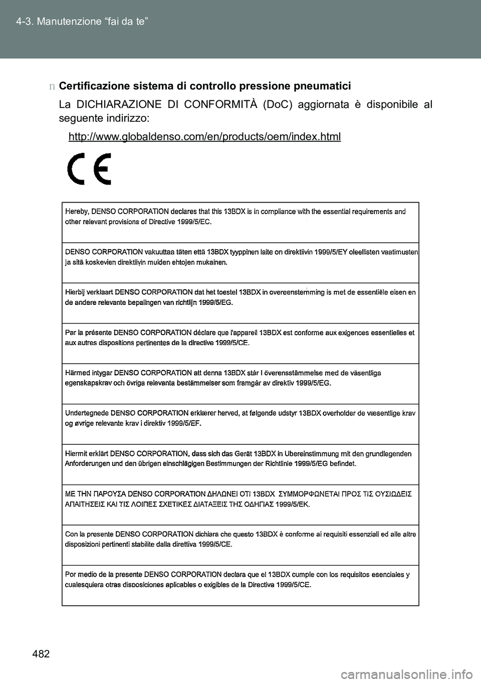 TOYOTA VERSO 2015  Manuale duso (in Italian) 482 4-3. Manutenzione “fai da te”
�OCertificazione sistema di controllo pressione pneumatici
La DICHIARAZIONE DI CONFORMITÀ (DoC) aggiornata è disponibile al
seguente indirizzo:
http://www.globa