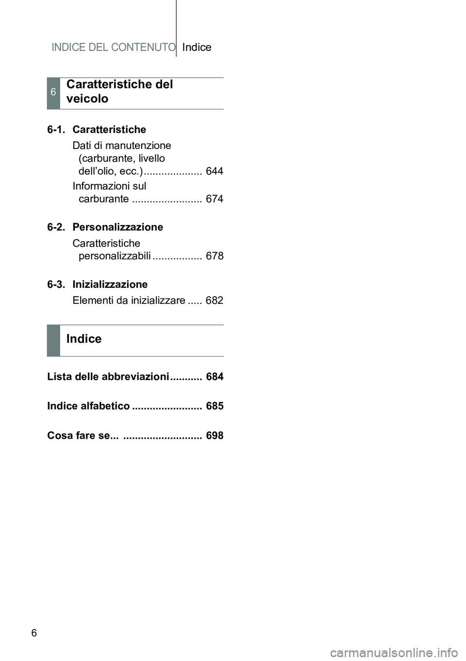 TOYOTA VERSO 2015 Manuale duso (in Italian) INDICE DEL CONTENUTOIndice
6
6-1. Caratteristiche
Dati di manutenzione
(carburante, livello
dell’olio, ecc.) .................... 644
Informazioni sul
carburante ........................ 674
6- TOYOTA VERSO 2015 Manuale duso (in Italian) INDICE DEL CONTENUTOIndice
6
6-1. Caratteristiche
Dati di manutenzione
(carburante, livello
dell’olio, ecc.) .................... 644
Informazioni sul
carburante ........................ 674
6-