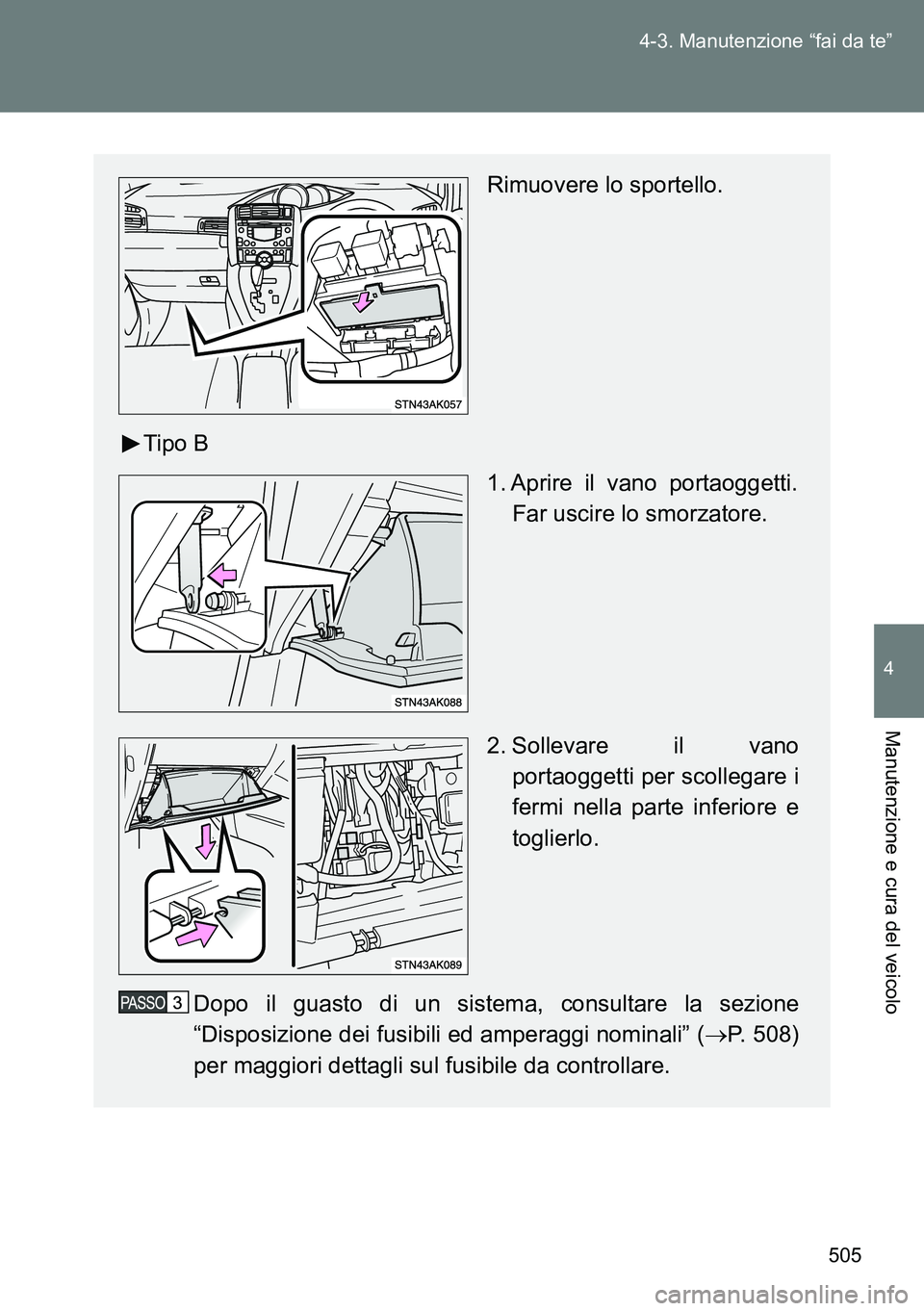 TOYOTA VERSO 2015  Manuale duso (in Italian) 505 4-3. Manutenzione “fai da te”
4
Manutenzione e cura del veicolo
Rimuovere lo sportello.
Tipo B
1. Aprire il vano portaoggetti.
Far uscire lo smorzatore.
2. Sollevare il vano
portaoggetti per s