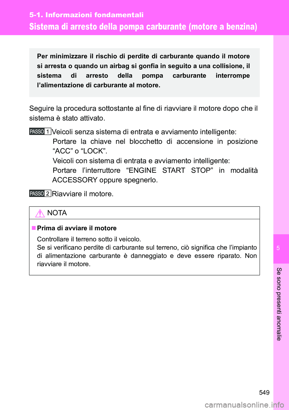 TOYOTA VERSO 2015 Manuale duso (in Italian) 5
549
5-1. Informazioni fondamentali
Se sono presenti anomalie
Sistema di arresto della pompa carburante (motore a benzina)
Seguire la procedura sottostante al fine di riavviare il motore dopo che il
TOYOTA VERSO 2015 Manuale duso (in Italian) 5
549
5-1. Informazioni fondamentali
Se sono presenti anomalie
Sistema di arresto della pompa carburante (motore a benzina)
Seguire la procedura sottostante al fine di riavviare il motore dopo che il