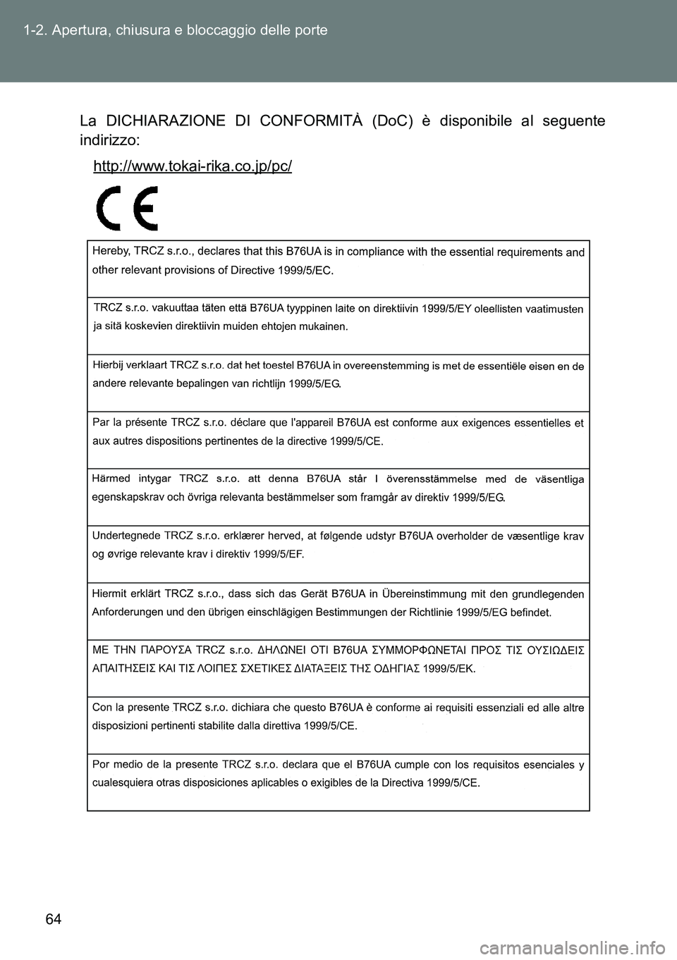 TOYOTA VERSO 2015  Manuale duso (in Italian) 64 1-2. Apertura, chiusura e bloccaggio delle porte
La DICHIARAZIONE DI CONFORMITÀ (DoC) è disponibile al seguente
indirizzo:
http://www.tokai-rika.co.jp/pc/ 