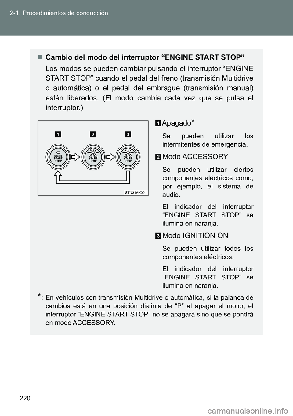 TOYOTA VERSO 2015 Manuale de Empleo (in Spanish) 220 2-1. Procedimientos de conducción
Cambio del modo del interruptor “ENGINE START STOP”
Los modos se pueden cambiar pulsando el interruptor “ENGINE
START STOP” cuando el pedal del freno TOYOTA VERSO 2015 Manuale de Empleo (in Spanish) 220 2-1. Procedimientos de conducción
Cambio del modo del interruptor “ENGINE START STOP”
Los modos se pueden cambiar pulsando el interruptor “ENGINE
START STOP” cuando el pedal del freno