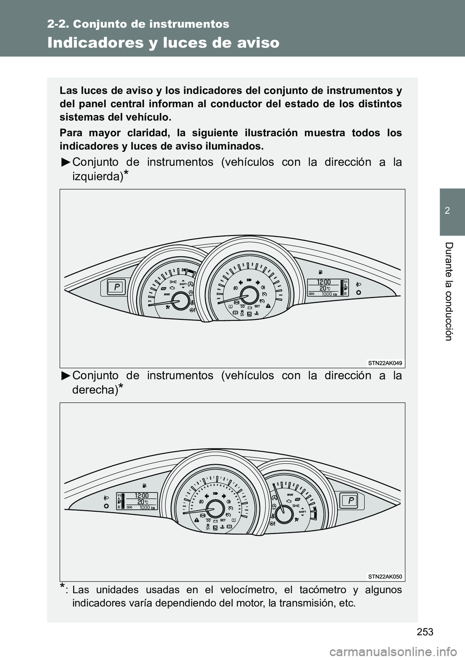 TOYOTA VERSO 2015 Manuale de Empleo (in Spanish) 253
2-2. Conjunto de instrumentos
2
Durante la conducción
Indicadores y luces de aviso
Las luces de aviso y los indicadores del conjunto de instrumentos y
del panel central informan al conductor del TOYOTA VERSO 2015 Manuale de Empleo (in Spanish) 253
2-2. Conjunto de instrumentos
2
Durante la conducción
Indicadores y luces de aviso
Las luces de aviso y los indicadores del conjunto de instrumentos y
del panel central informan al conductor del