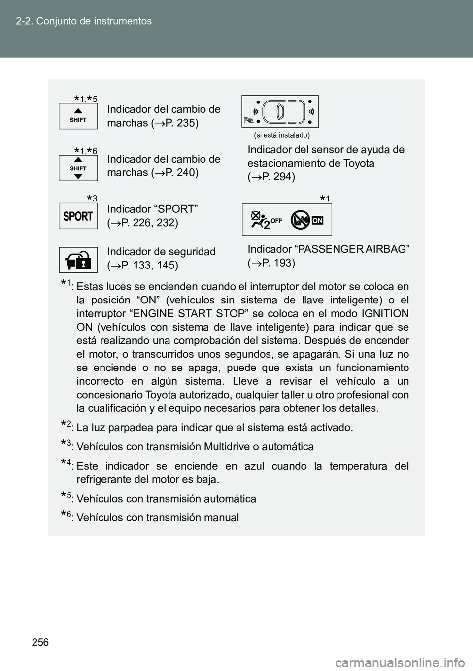 TOYOTA VERSO 2015 Manuale de Empleo (in Spanish) 256 2-2. Conjunto de instrumentos
*1: Estas luces se encienden cuando el interruptor del motor se coloca en
la posición “ON” (vehículos sin sistema de llave inteligente) o el
interruptor “ENGI TOYOTA VERSO 2015 Manuale de Empleo (in Spanish) 256 2-2. Conjunto de instrumentos
*1: Estas luces se encienden cuando el interruptor del motor se coloca en
la posición “ON” (vehículos sin sistema de llave inteligente) o el
interruptor “ENGI