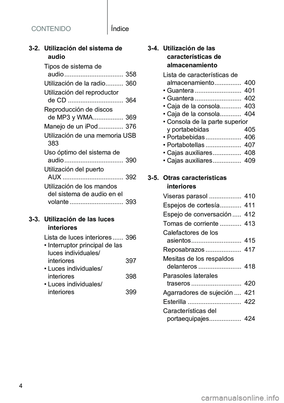 TOYOTA VERSO 2015  Manuale de Empleo (in Spanish) CONTENIDOÍndice
4
3-2. Utilización del sistema de 
audio
Tipos de sistema de 
audio .................................  358
Utilización de la radio..........  360
Utilización del reproductor 
de CD