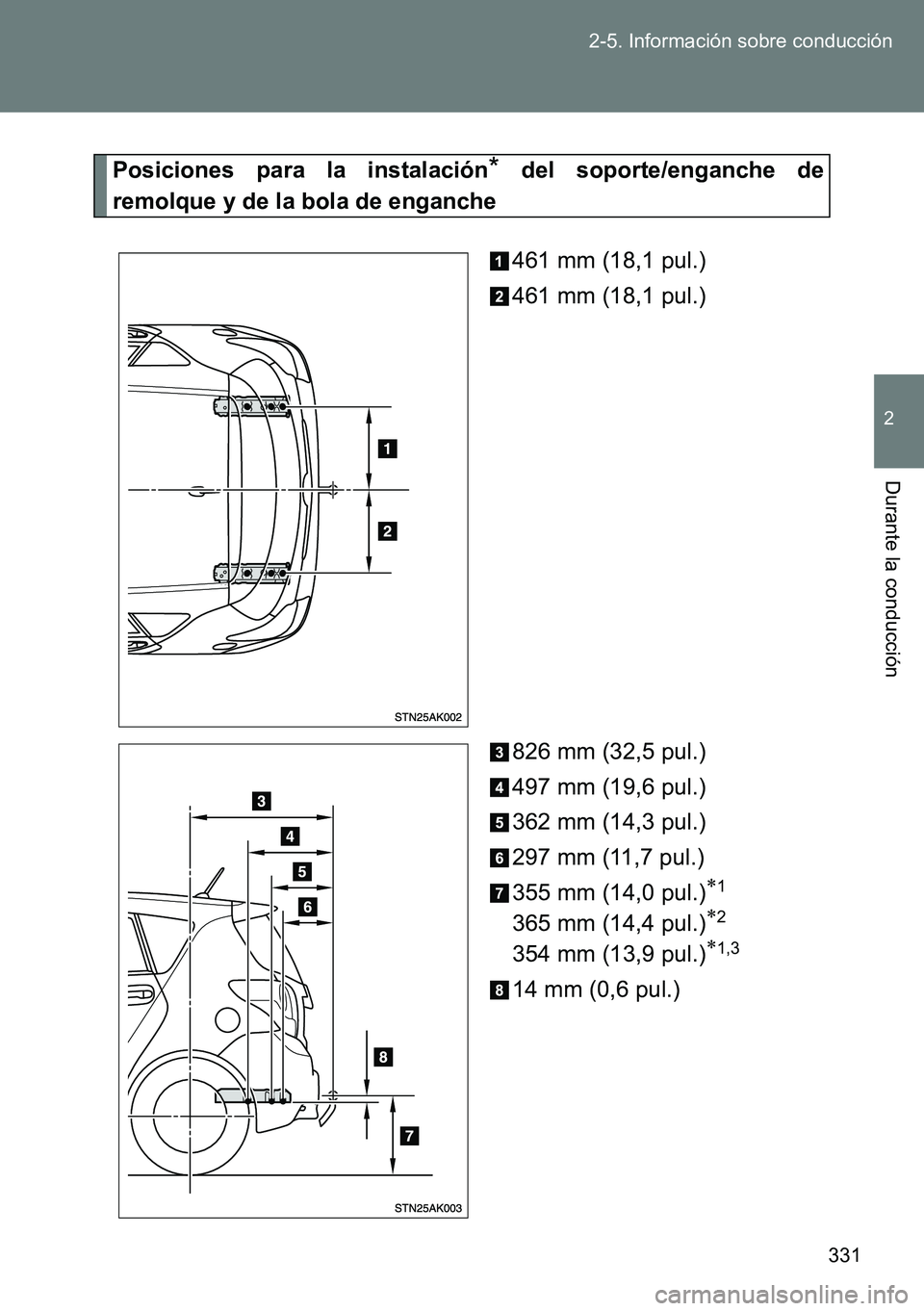 TOYOTA VERSO 2015  Manuale de Empleo (in Spanish) 331 2-5. Información sobre conducción
2
Durante la conducción
Posiciones para la instalación* del soporte/enganche de
remolque y de la bola de enganche
461 mm (18,1 pul.)
461 mm (18,1 pul.)
826 mm