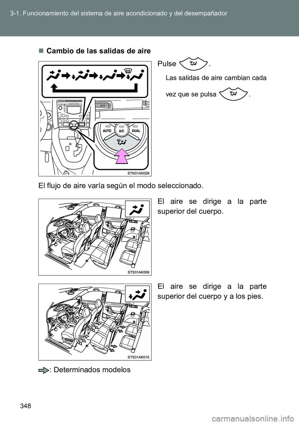 TOYOTA VERSO 2015 Manuale de Empleo (in Spanish) 348 3-1. Funcionamiento del sistema de aire acondicionado y del desempañador
Cambio de las salidas de aire
Pulse .
Las salidas de aire cambian cada
vez que se pulsa .
El flujo de aire varía seg TOYOTA VERSO 2015 Manuale de Empleo (in Spanish) 348 3-1. Funcionamiento del sistema de aire acondicionado y del desempañador
Cambio de las salidas de aire
Pulse .
Las salidas de aire cambian cada
vez que se pulsa .
El flujo de aire varía seg