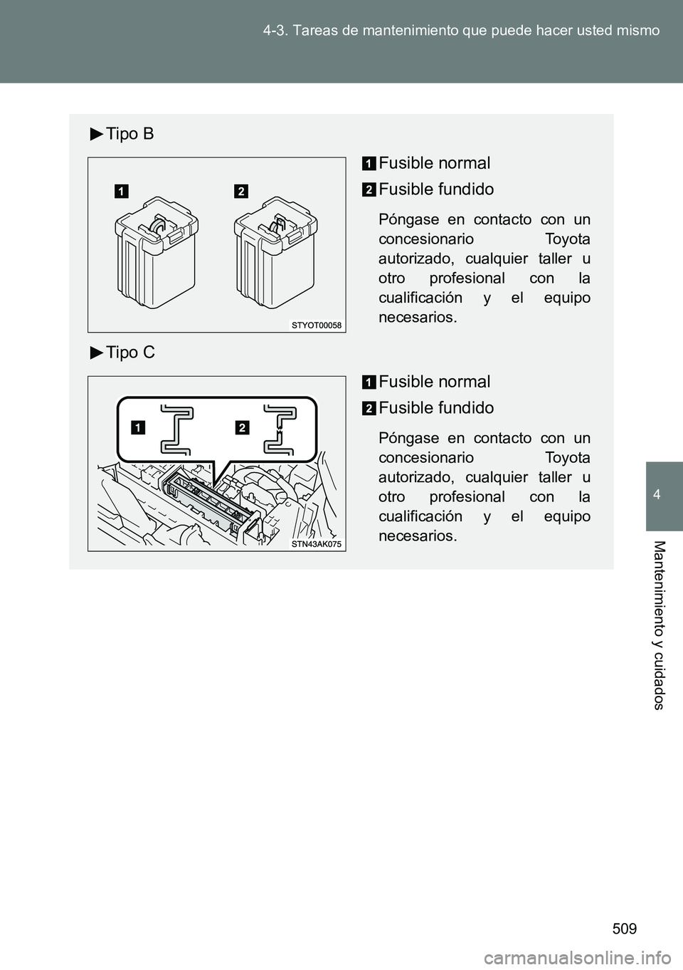 TOYOTA VERSO 2015  Manuale de Empleo (in Spanish) 509 4-3. Tareas de mantenimiento que puede hacer usted mismo
4
Mantenimiento y cuidados
Tipo B
Fusible normal
Fusible fundido
Póngase en contacto con un
concesionario Toyota
autorizado, cualquier tal
