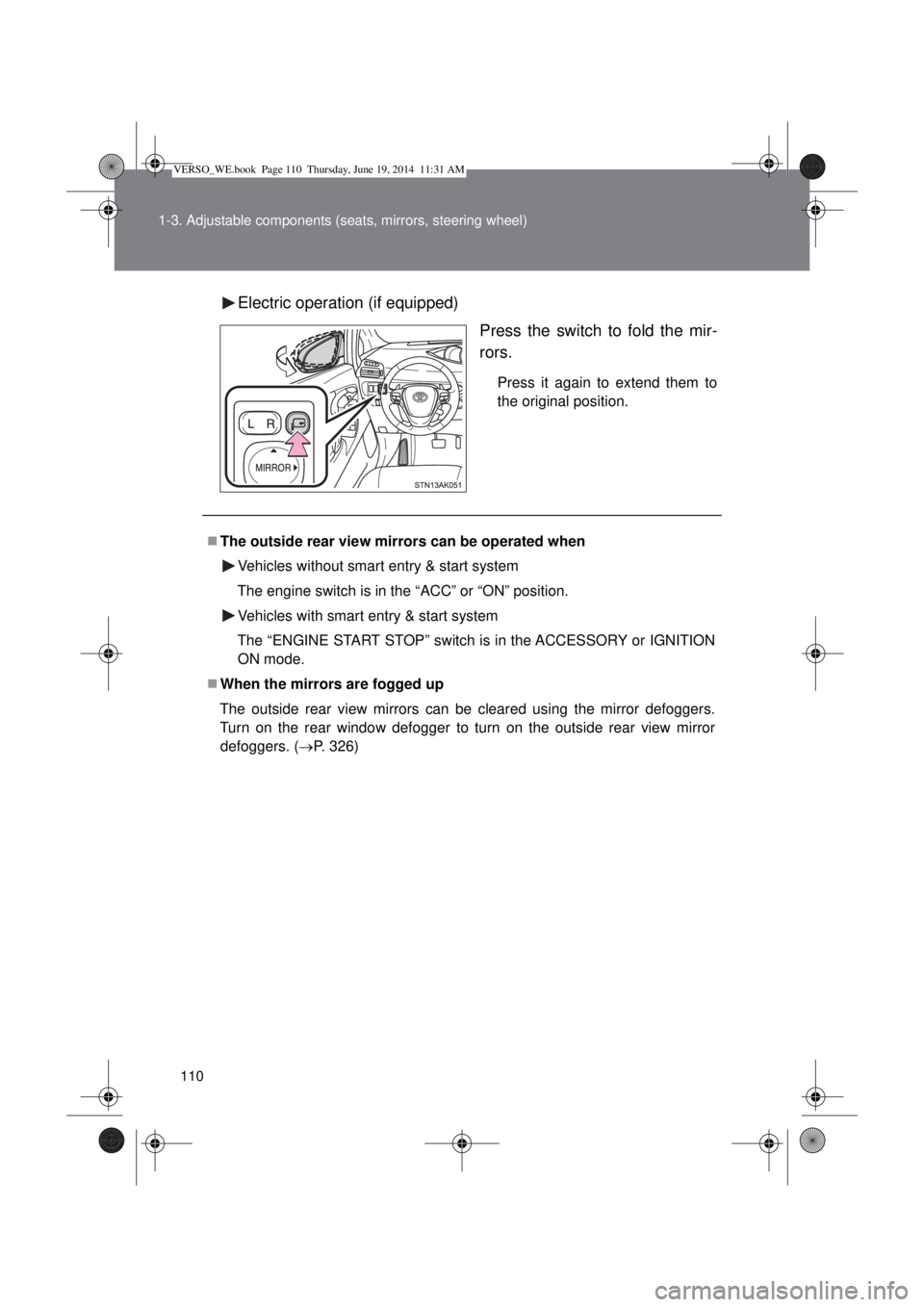 TOYOTA VERSO 2015  Owners Manual 110 1-3. Adjustable components (seats, mirrors, steering wheel)
Electric operation (if equipped)
Press the switch to fold the mir-
rors.
Press it again to extend them to
the original position.
The 