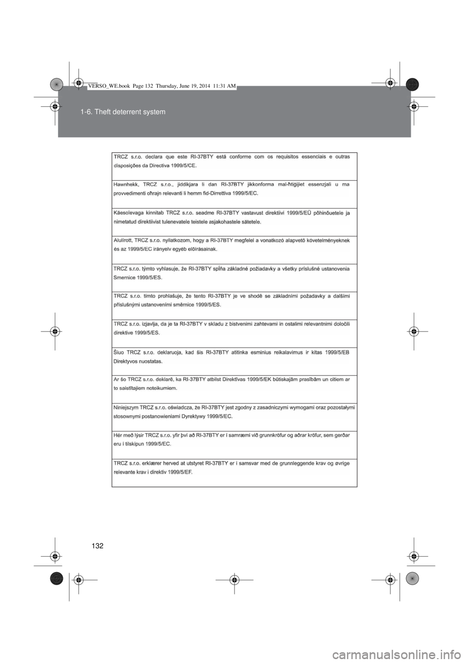 TOYOTA VERSO 2015  Owners Manual 132 1-6. Theft deterrent system
VERSO_WE.book  Page 132  Thursday, June 19, 2014  11:31 AM 