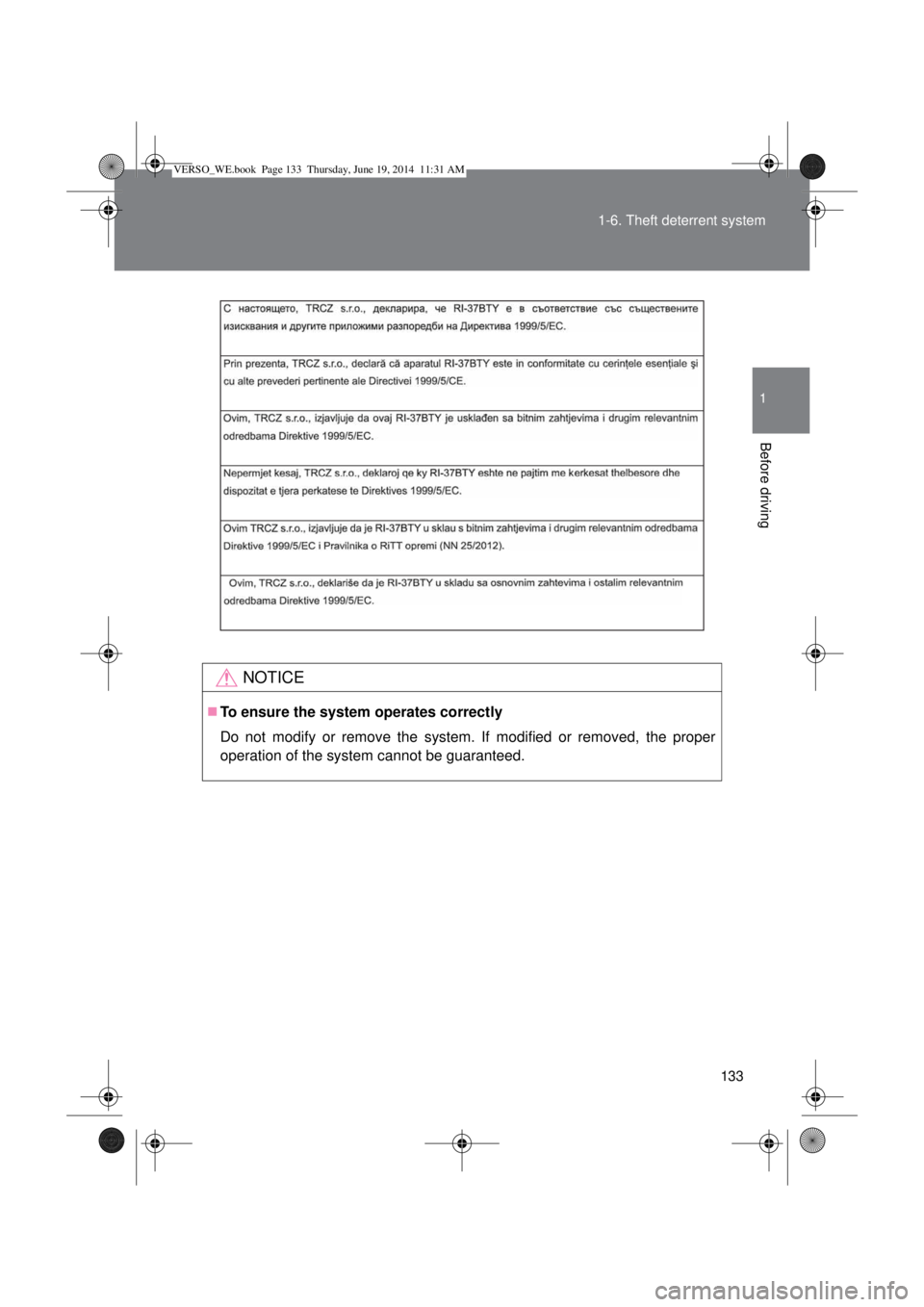 TOYOTA VERSO 2015  Owners Manual 133 1-6. Theft deterrent system
1
Before driving
NOTICE
To ensure the system operates correctly
Do not modify or remove the system. If modified or removed, the proper
operation of the system cannot