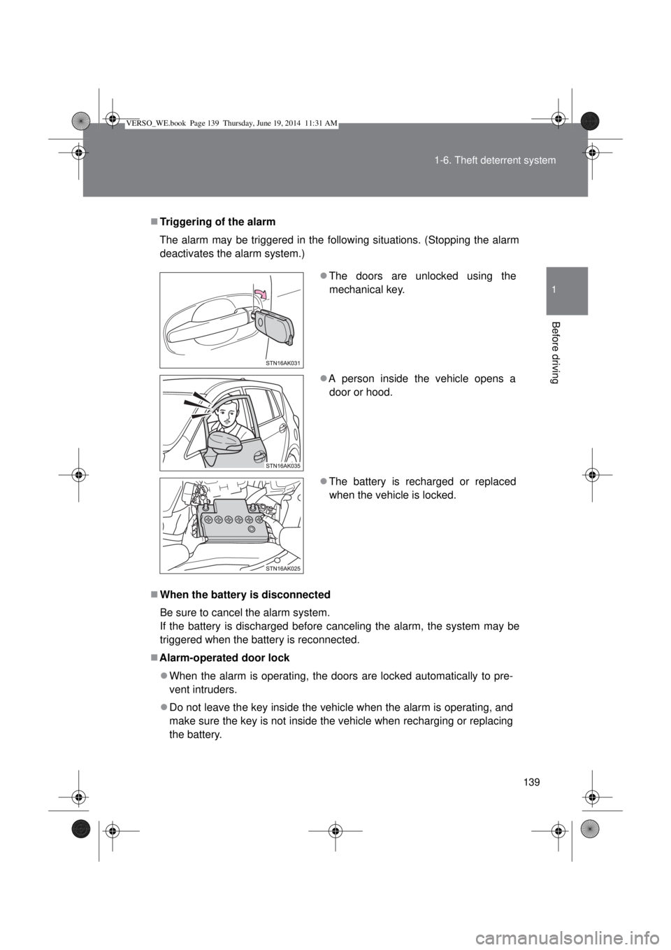 TOYOTA VERSO 2015  Owners Manual 139 1-6. Theft deterrent system
1
Before driving
Triggering of the alarm
The alarm may be triggered in the following situations. (Stopping the alarm
deactivates the alarm system.)
When the batte