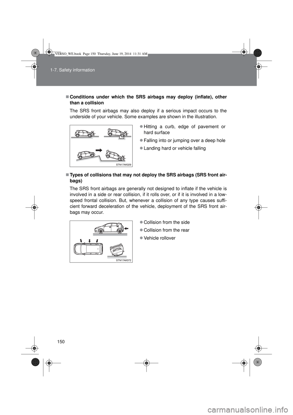 TOYOTA VERSO 2015 Owners Manual 150 1-7. Safety information
Conditions under which the SRS airbags may deploy (inflate), other
than a collision
The SRS front airbags may also deploy if a serious impact occurs to the
underside of TOYOTA VERSO 2015 Owners Manual 150 1-7. Safety information
Conditions under which the SRS airbags may deploy (inflate), other
than a collision
The SRS front airbags may also deploy if a serious impact occurs to the
underside of