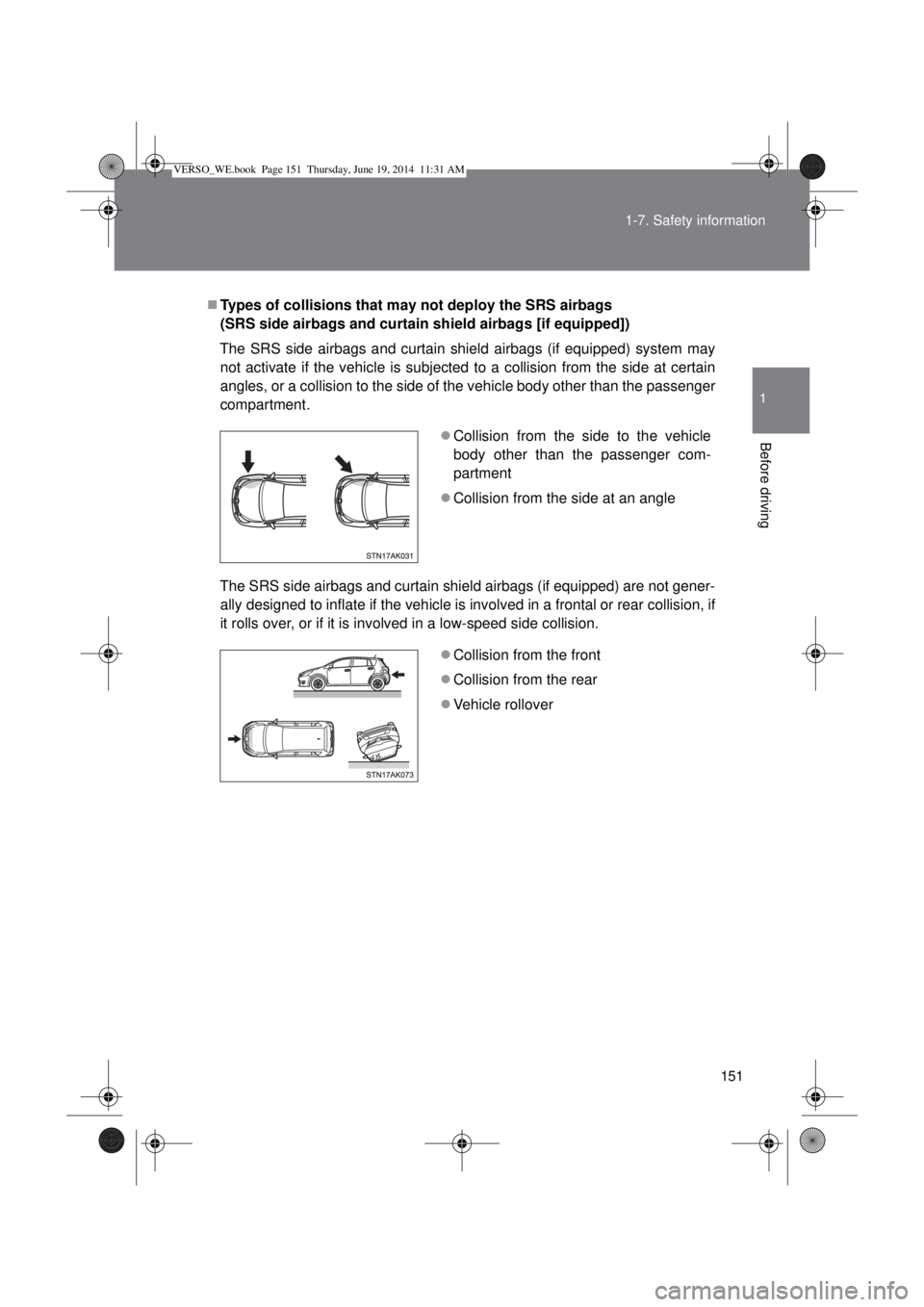 TOYOTA VERSO 2015  Owners Manual 151 1-7. Safety information
1
Before driving
Types of collisions that may not deploy the SRS airbags 
(SRS side airbags and curtain shield airbags [if equipped])
The SRS side airbags and curtain sh