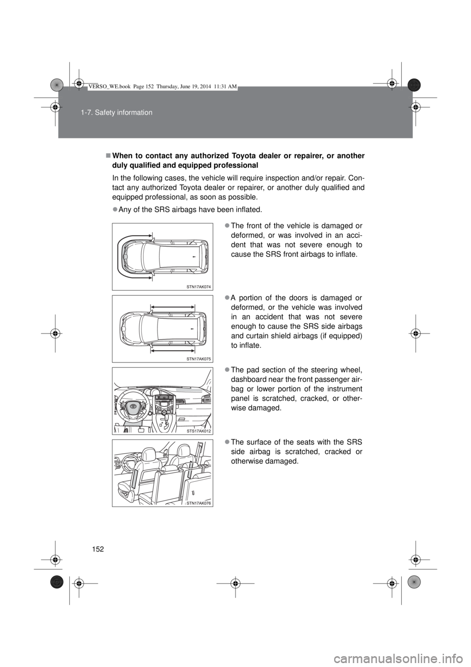 TOYOTA VERSO 2015  Owners Manual 152 1-7. Safety information
When to contact any authorized Toyota dealer or repairer, or another
duly qualified and equipped professional
In the following cases, the vehicle will require inspection