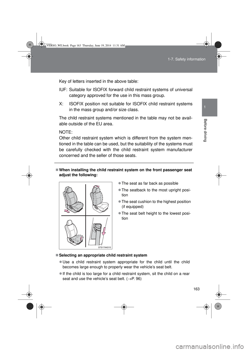 TOYOTA VERSO 2015 Owners Manual 163 1-7. Safety information
1
Before driving
Key of letters inserted in the above table:
IUF: Suitable for ISOFIX forward child restraint systems of universal
category approved for the use in this mas TOYOTA VERSO 2015 Owners Manual 163 1-7. Safety information
1
Before driving
Key of letters inserted in the above table:
IUF: Suitable for ISOFIX forward child restraint systems of universal
category approved for the use in this mas