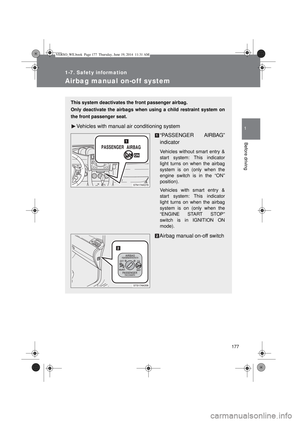 TOYOTA VERSO 2015 Owners Manual 177
1
1-7. Safety information
Before driving
Airbag manual on-off system
This system deactivates the front passenger airbag.
Only deactivate the airbags when using a child restraint system on
the fron TOYOTA VERSO 2015 Owners Manual 177
1
1-7. Safety information
Before driving
Airbag manual on-off system
This system deactivates the front passenger airbag.
Only deactivate the airbags when using a child restraint system on
the fron