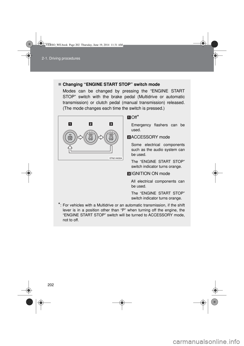 TOYOTA VERSO 2015 Owners Manual 202 2-1. Driving procedures
Changing “ENGINE START STOP” switch mode
Modes can be changed by pressing the “ENGINE START
STOP” switch with the brake pedal (Multidrive or automatic
transmissi TOYOTA VERSO 2015 Owners Manual 202 2-1. Driving procedures
Changing “ENGINE START STOP” switch mode
Modes can be changed by pressing the “ENGINE START
STOP” switch with the brake pedal (Multidrive or automatic
transmissi