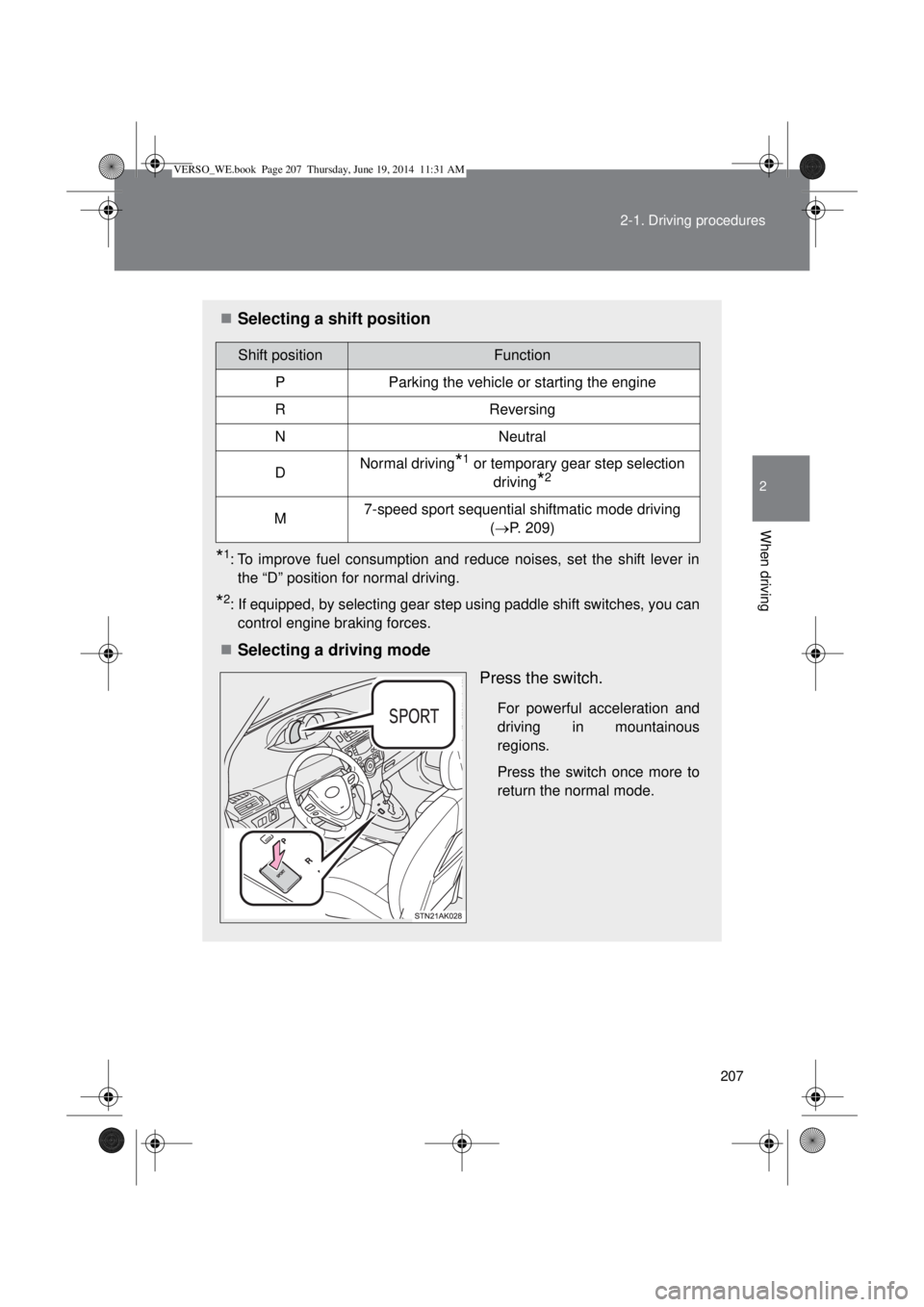 TOYOTA VERSO 2015 Owners Manual 207 2-1. Driving procedures
2
When driving
Selecting a shift position
*1: To improve fuel consumption and reduce noises, set the shift lever in
the “D” position for normal driving.
*2: If equip TOYOTA VERSO 2015 Owners Manual 207 2-1. Driving procedures
2
When driving
Selecting a shift position
*1: To improve fuel consumption and reduce noises, set the shift lever in
the “D” position for normal driving.
*2: If equip