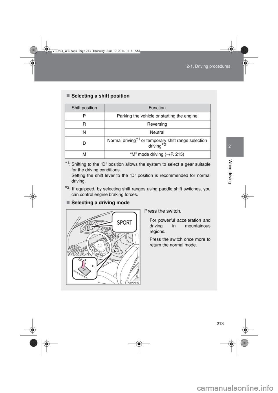 TOYOTA VERSO 2015 Owners Manual 213 2-1. Driving procedures
2
When driving
Selecting a shift position
*1: Shifting to the “D” position allows the system to select a gear suitable
for the driving conditions.
Setting the shift TOYOTA VERSO 2015 Owners Manual 213 2-1. Driving procedures
2
When driving
Selecting a shift position
*1: Shifting to the “D” position allows the system to select a gear suitable
for the driving conditions.
Setting the shift