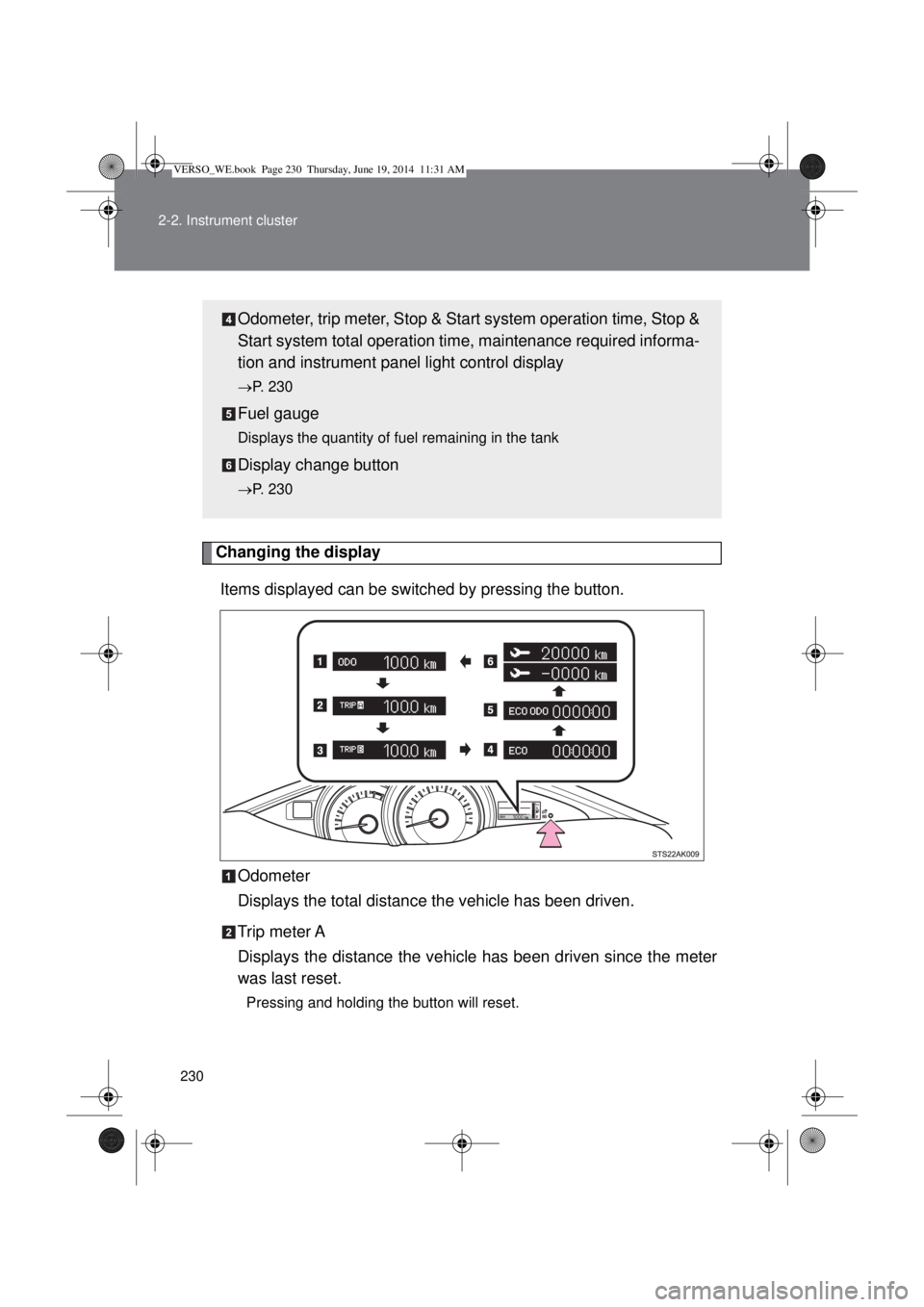 TOYOTA VERSO 2015  Owners Manual 230 2-2. Instrument cluster
Changing the display
Items displayed can be switched by pressing the button.
Odometer
Displays the total distance the vehicle has been driven.
Trip meter A
Displays the dis