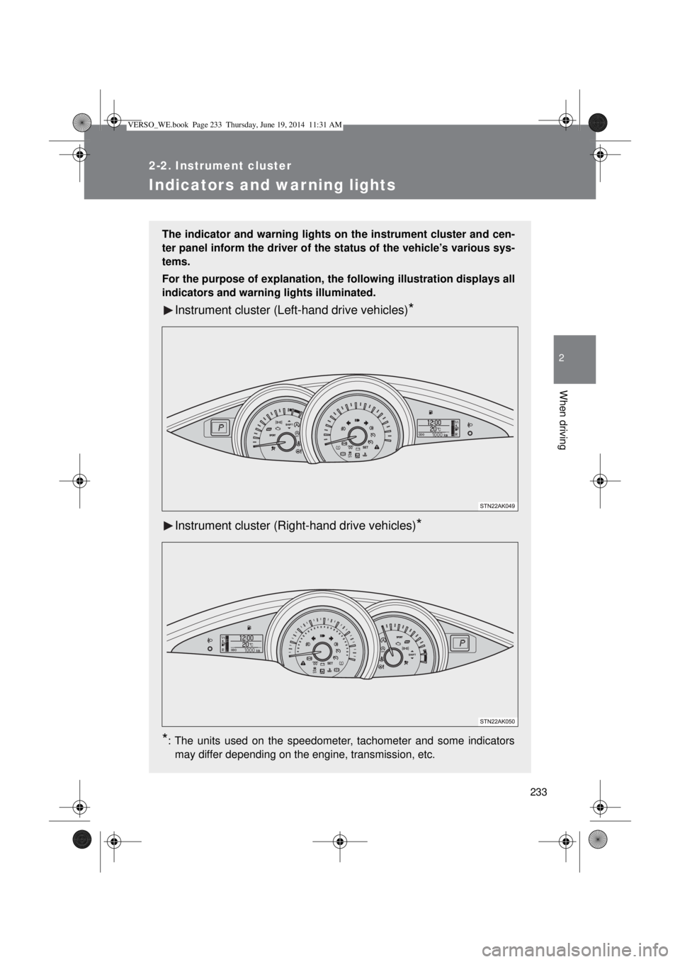TOYOTA VERSO 2015 Owners Manual 233
2-2. Instrument cluster
2
When driving
Indicators and warning lights
The indicator and warning lights on the instrument cluster and cen-
ter panel inform the driver of the status of the vehicle’ TOYOTA VERSO 2015 Owners Manual 233
2-2. Instrument cluster
2
When driving
Indicators and warning lights
The indicator and warning lights on the instrument cluster and cen-
ter panel inform the driver of the status of the vehicle’