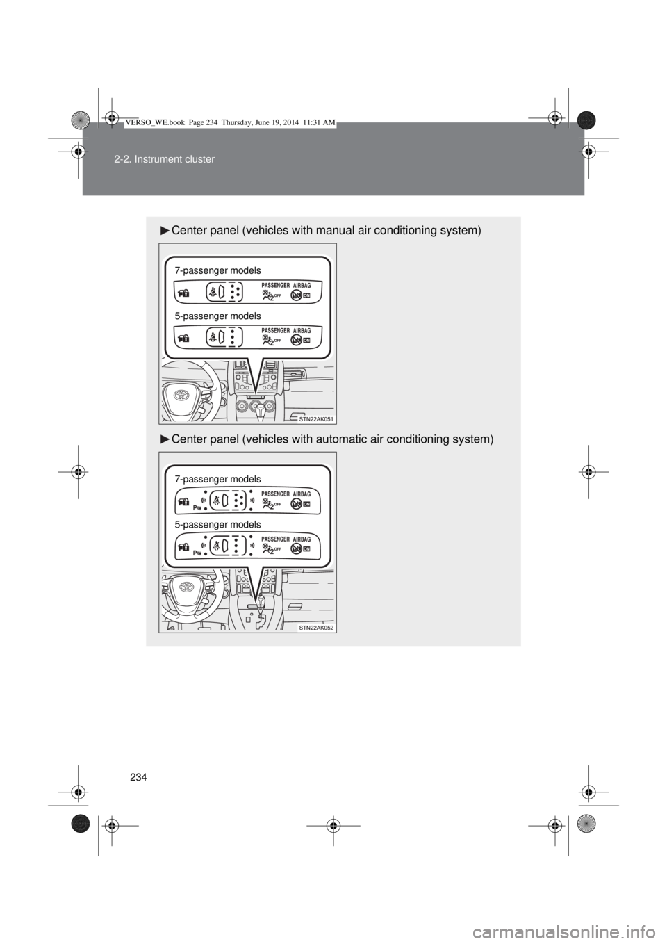 TOYOTA VERSO 2015 Owners Manual 234 2-2. Instrument cluster
Center panel (vehicles with manual air conditioning system)
Center panel (vehicles with automatic air conditioning system)
7-passenger models
5-passenger models
7-passenger TOYOTA VERSO 2015 Owners Manual 234 2-2. Instrument cluster
Center panel (vehicles with manual air conditioning system)
Center panel (vehicles with automatic air conditioning system)
7-passenger models
5-passenger models
7-passenger