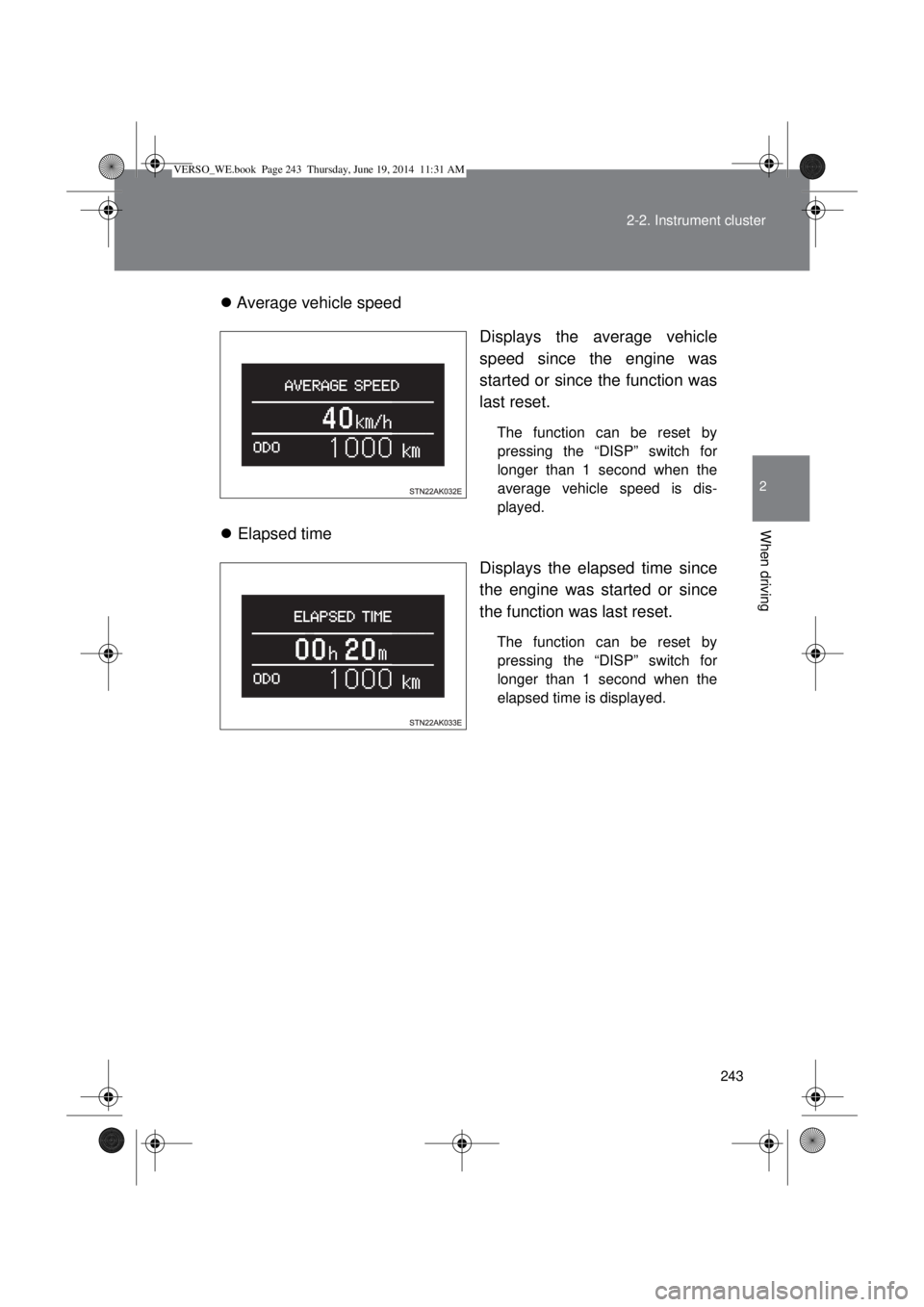 TOYOTA VERSO 2015  Owners Manual 243 2-2. Instrument cluster
2
When driving
Average vehicle speed
Displays the average vehicle
speed since the engine was
started or since the function was
last reset.
The function can be reset by
p