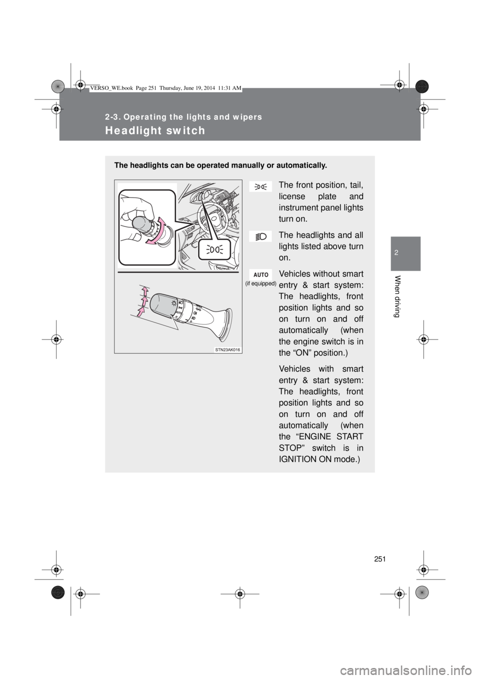 TOYOTA VERSO 2015 Owners Manual 251
2
When driving
2-3. Operating the lights and wipers
Headlight switch
The headlights can be operated manually or automatically.
The front position, tail,
license plate and
instrument panel lights
t TOYOTA VERSO 2015 Owners Manual 251
2
When driving
2-3. Operating the lights and wipers
Headlight switch
The headlights can be operated manually or automatically.
The front position, tail,
license plate and
instrument panel lights
t