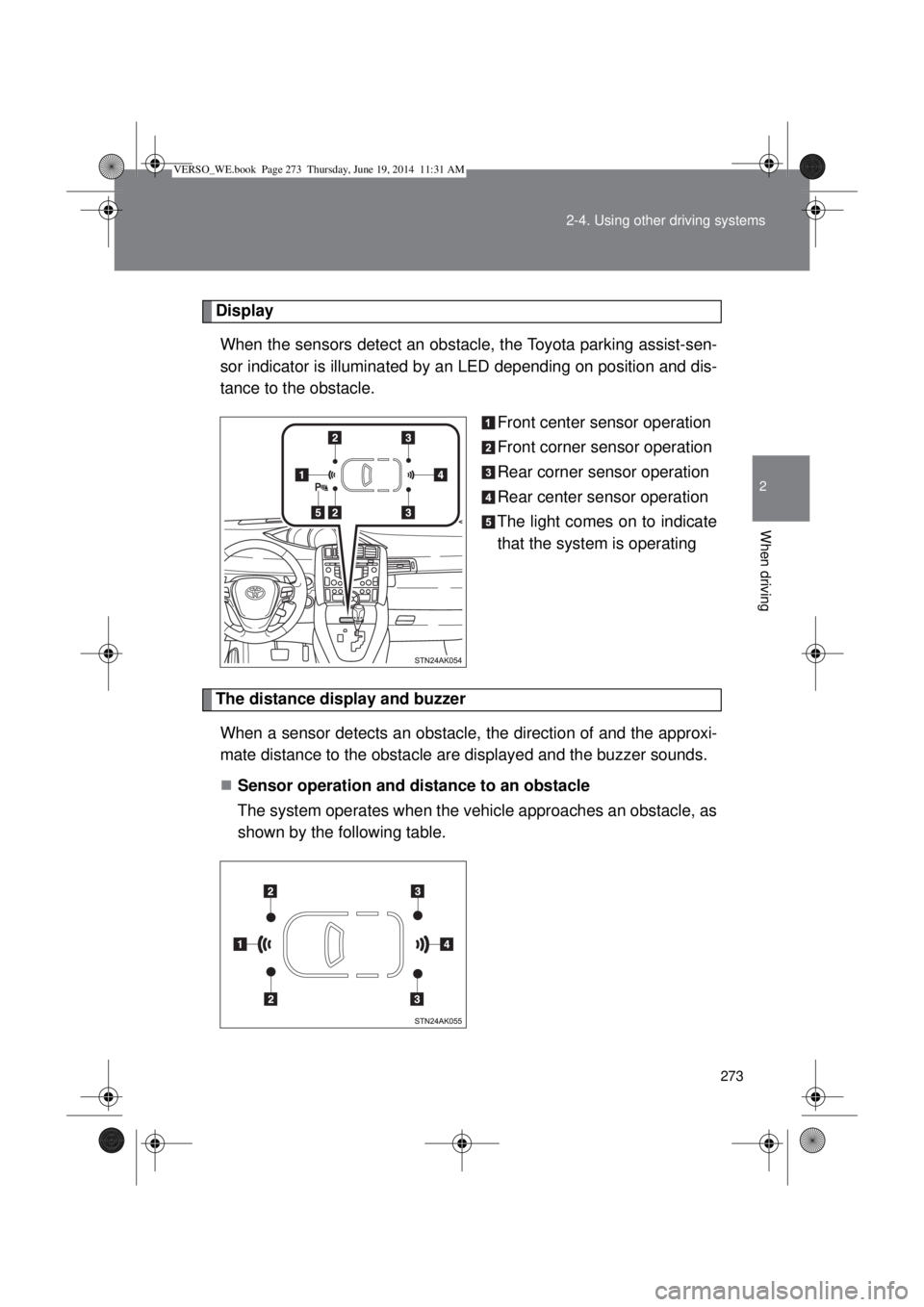 TOYOTA VERSO 2015 Owners Manual 273 2-4. Using other driving systems
2
When driving
Display
When the sensors detect an obstacle, the Toyota parking assist-sen-
sor indicator is illuminated by an LED depending on position and dis-
ta TOYOTA VERSO 2015 Owners Manual 273 2-4. Using other driving systems
2
When driving
Display
When the sensors detect an obstacle, the Toyota parking assist-sen-
sor indicator is illuminated by an LED depending on position and dis-
ta