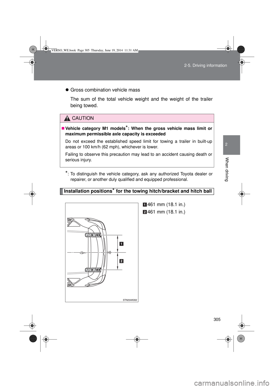 TOYOTA VERSO 2015  Owners Manual 305 2-5. Driving information
2
When driving
Gross combination vehicle mass
The sum of the total vehicle weight and the weight of the trailer
being towed.
*: To distinguish the vehicle category, ask