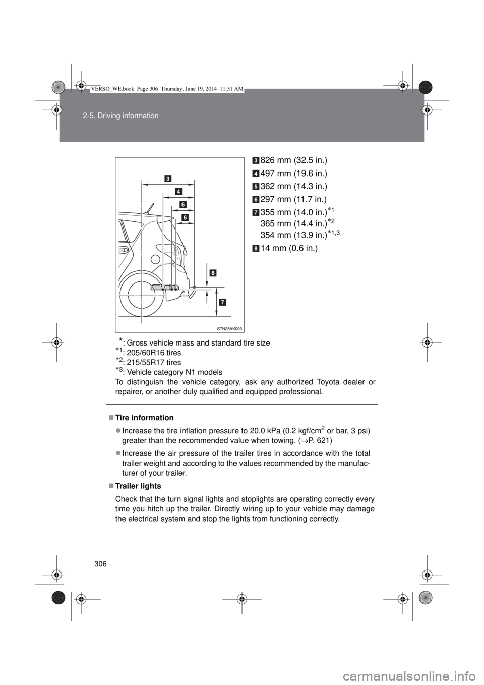 TOYOTA VERSO 2015  Owners Manual 306 2-5. Driving information
826 mm (32.5 in.)
497 mm (19.6 in.)
362 mm (14.3 in.)
297 mm (11.7 in.)
355 mm (14.0 in.)
1
365 mm (14.4 in.)2
354 mm (13.9 in.)1,3
14 mm (0.6 in.)
*: Gross vehic