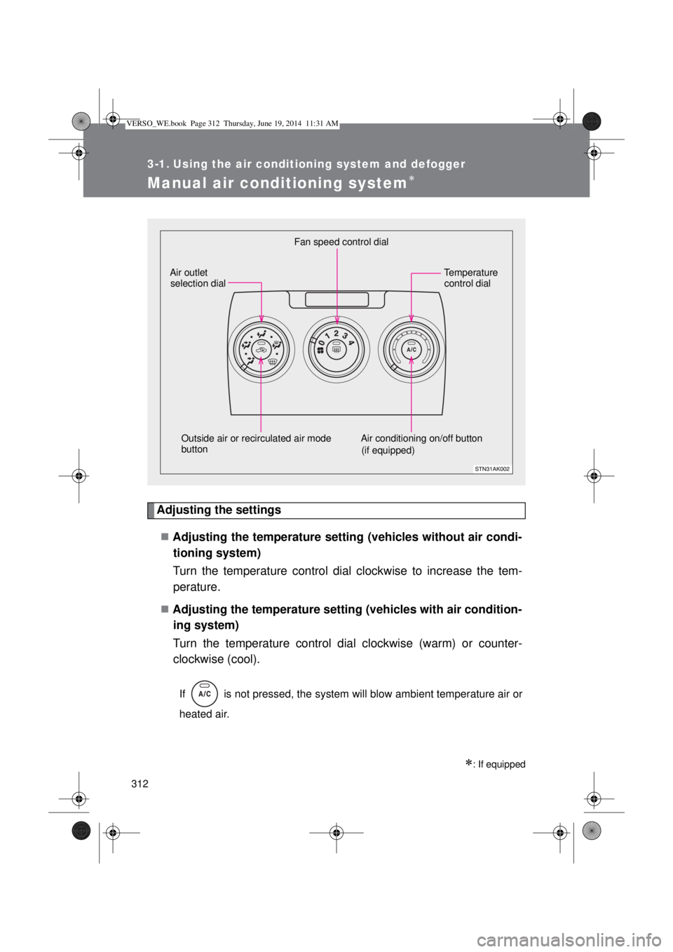 TOYOTA VERSO 2015 Owners Manual 312
3-1. Using the air conditioning system and defogger
Manual air conditioning system
Adjusting the settings
Adjusting the temperature setting (vehicles without air condi-
tioning system)
Turn TOYOTA VERSO 2015 Owners Manual 312
3-1. Using the air conditioning system and defogger
Manual air conditioning system
Adjusting the settings
Adjusting the temperature setting (vehicles without air condi-
tioning system)
Turn