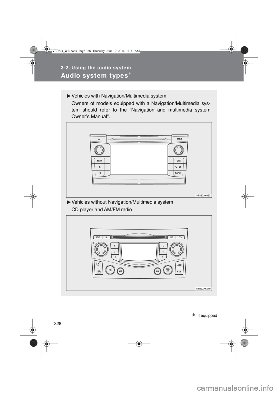 TOYOTA VERSO 2015  Owners Manual 328
3-2. Using the audio system
Audio system types
: If equipped
Vehicles with Navigation/Multimedia system
Owners of models equipped with a Navigation/Multimedia sys-
tem should refer to the 
