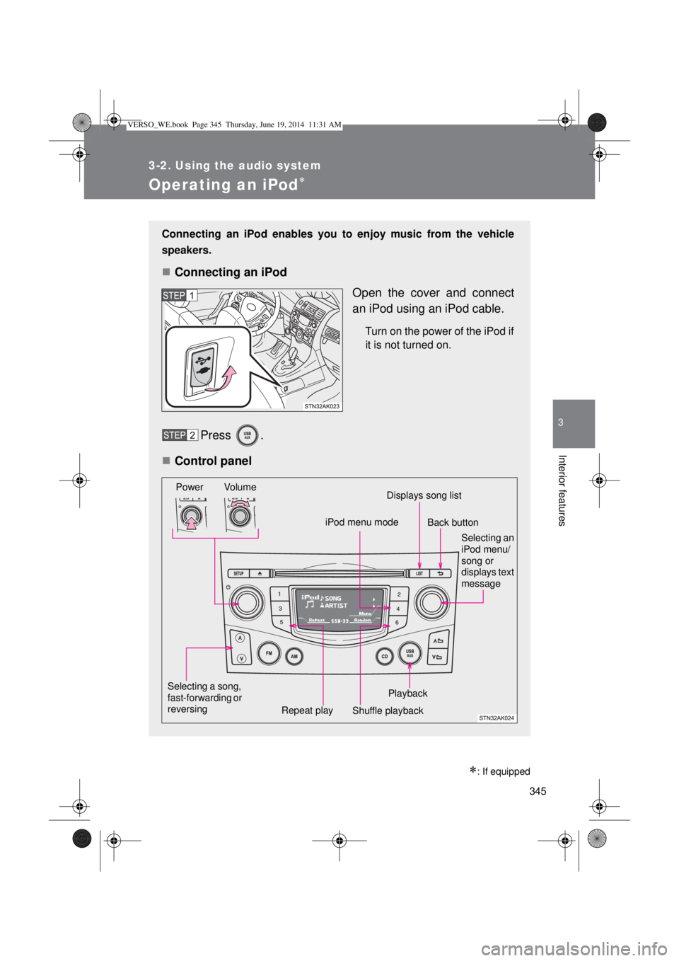TOYOTA VERSO 2015 Owners Manual 345
3-2. Using the audio system
3
Interior features
Operating an iPod
: If equipped
Connecting an iPod enables you to enjoy music from the vehicle
speakers.
Connecting an iPod
Open the cover TOYOTA VERSO 2015 Owners Manual 345
3-2. Using the audio system
3
Interior features
Operating an iPod
: If equipped
Connecting an iPod enables you to enjoy music from the vehicle
speakers.
Connecting an iPod
Open the cover