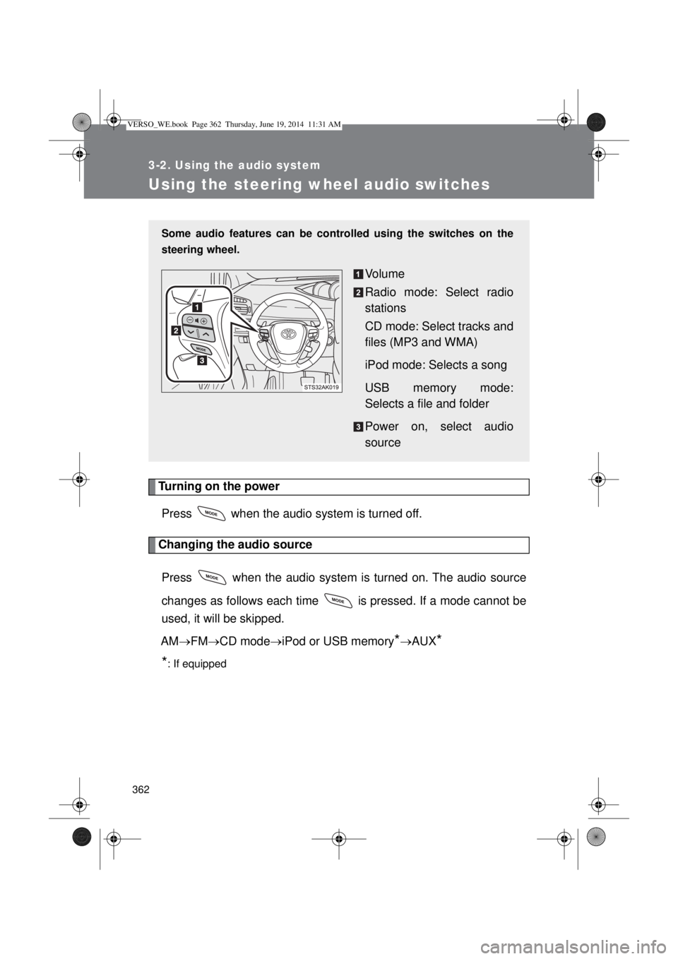 TOYOTA VERSO 2015  Owners Manual 362
3-2. Using the audio system
Using the steering wheel audio switches
Turning on the power
Press   when the audio system is turned off.
Changing the audio source
Press   when the audio system is tur