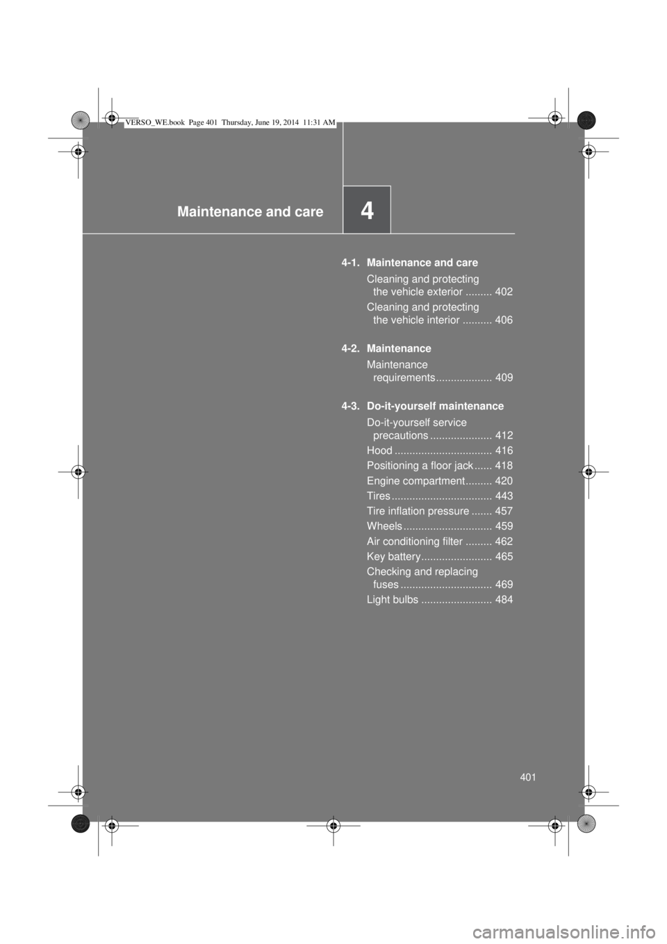 TOYOTA VERSO 2015  Owners Manual 4Maintenance and care
401
4-1. Maintenance and care
Cleaning and protecting 
the vehicle exterior ......... 402
Cleaning and protecting 
the vehicle interior .......... 406
4-2. Maintenance
Maintenanc