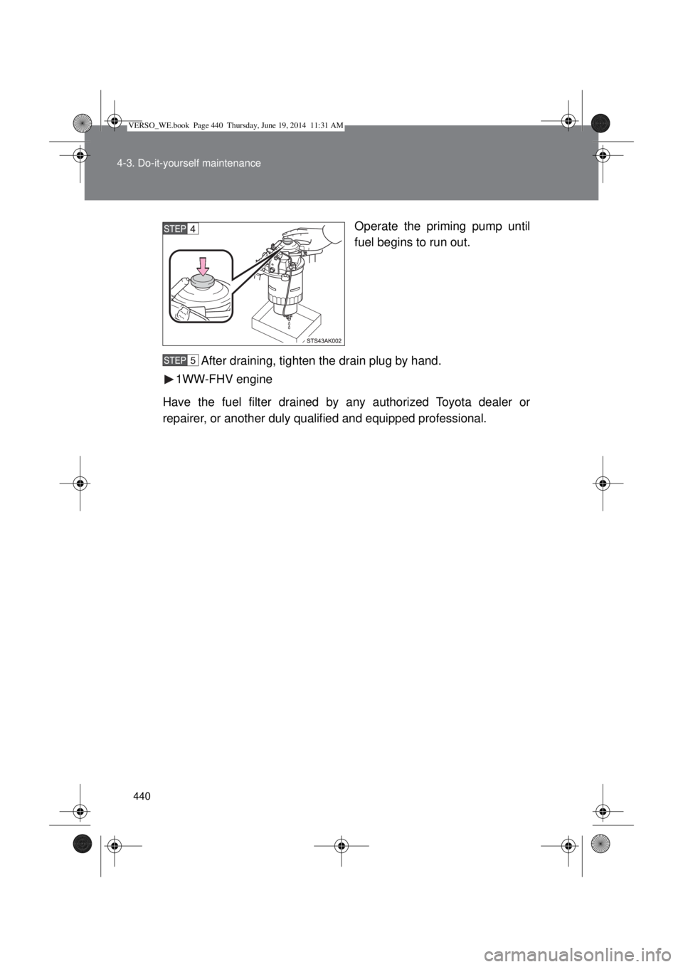 TOYOTA VERSO 2015 Owners Manual 440 4-3. Do-it-yourself maintenance
Operate the priming pump until
fuel begins to run out.
After draining, tighten the drain plug by hand.
1WW-FHV engine
Have the fuel filter drained by any authorized TOYOTA VERSO 2015 Owners Manual 440 4-3. Do-it-yourself maintenance
Operate the priming pump until
fuel begins to run out.
After draining, tighten the drain plug by hand.
1WW-FHV engine
Have the fuel filter drained by any authorized