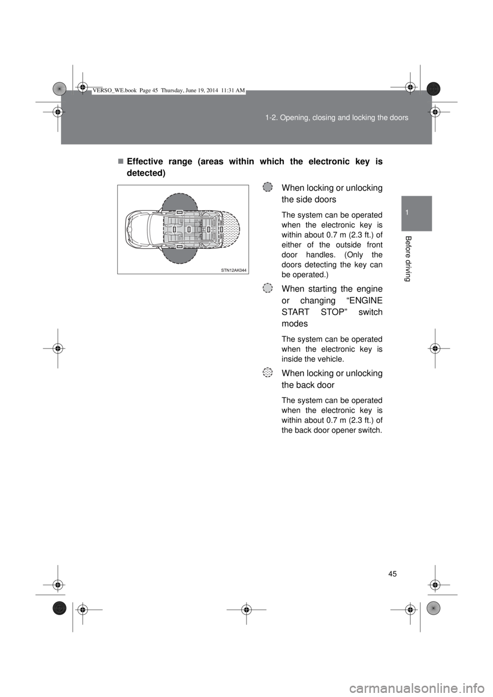 TOYOTA VERSO 2015 Service Manual 45 1-2. Opening, closing and locking the doors
1
Before driving
Effective range (areas within which the electronic key is
detected)
When locking or unlocking
the side doors
The system can be operat TOYOTA VERSO 2015 Service Manual 45 1-2. Opening, closing and locking the doors
1
Before driving
Effective range (areas within which the electronic key is
detected)
When locking or unlocking
the side doors
The system can be operat